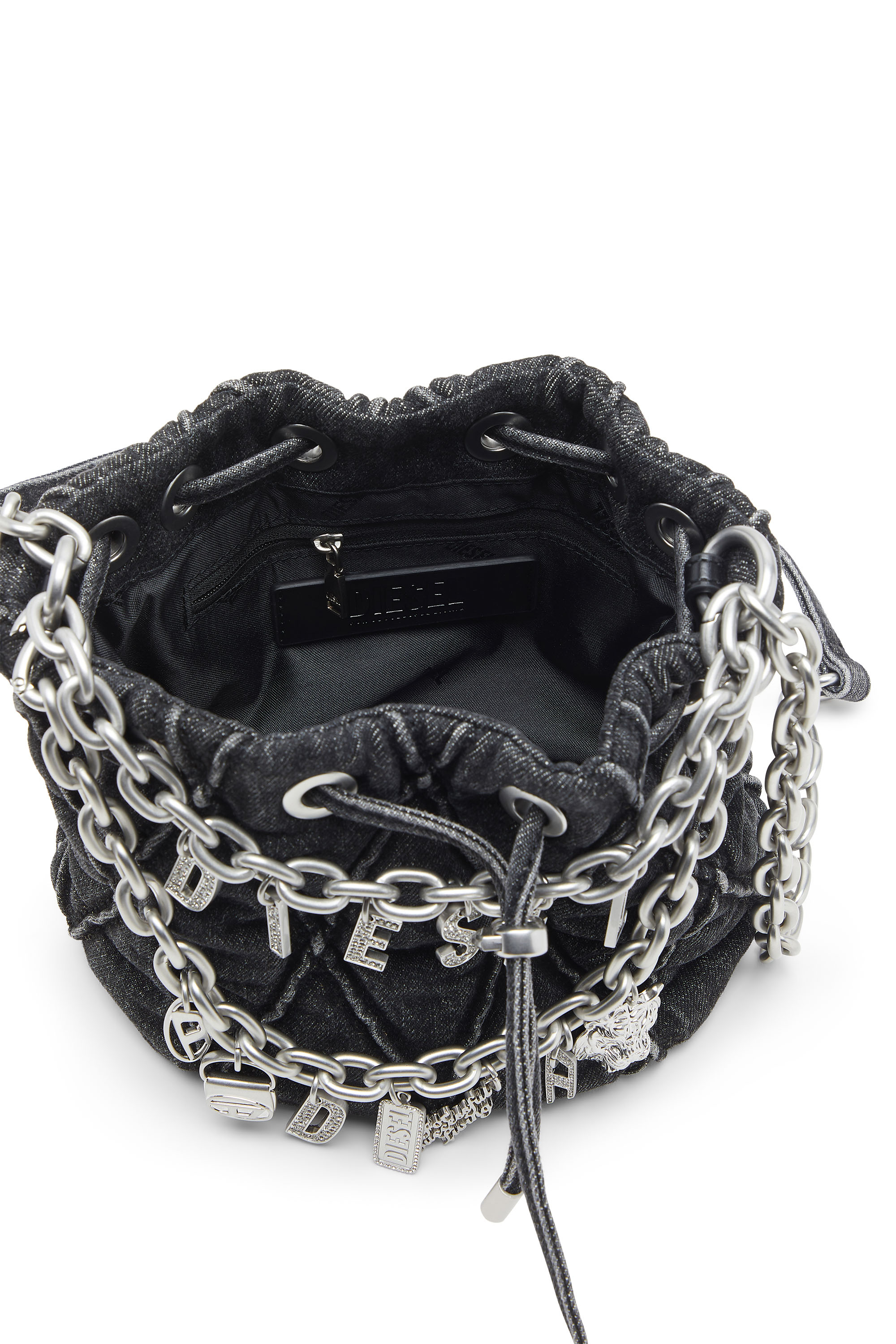 Diesel - HOSHI CHARM-D BUCKET S, Woman's Quilted-denim bucket bag with chain charms in Black - 3